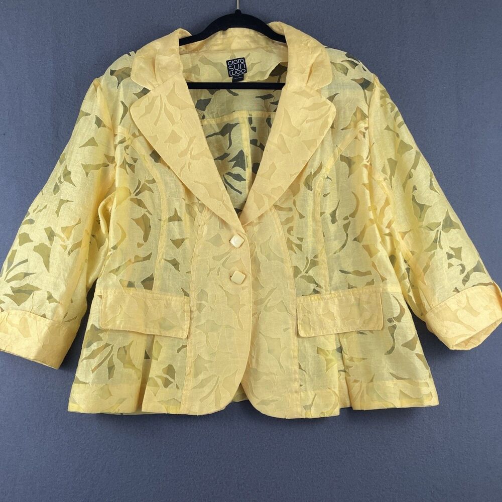 Clara Sun Woo Yellow Linen Blend Peplum Blazer Women’s 1X Sheer Floral Pattern